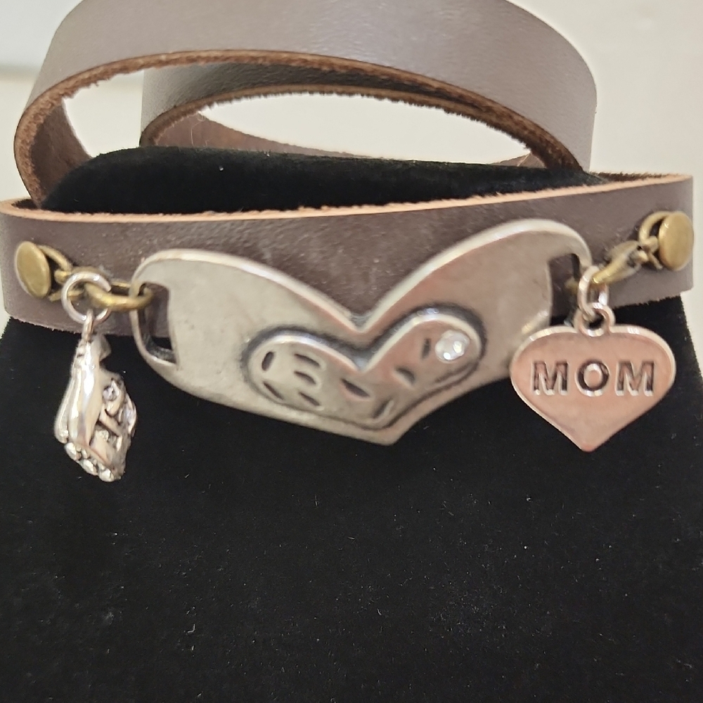 Brown Leather Baseball Mom Bracelet